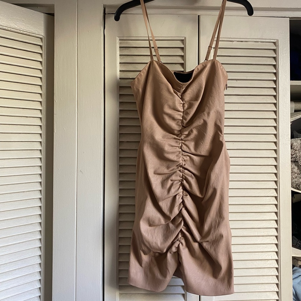 SPRWMN Leather beige ruched mini bodycon Dress xs size